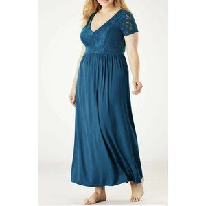 Amoureuse Plus Size Teal Long Lace Bodice Nightgown Size 18/20